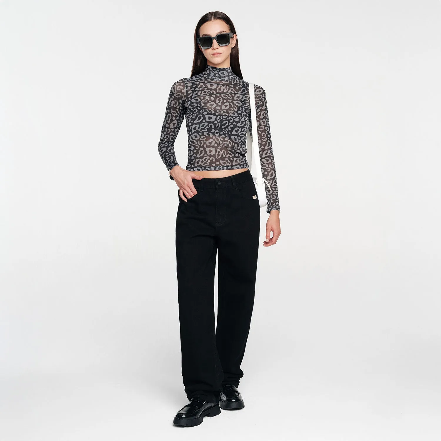 Animal Print Mesh LS Top - Black