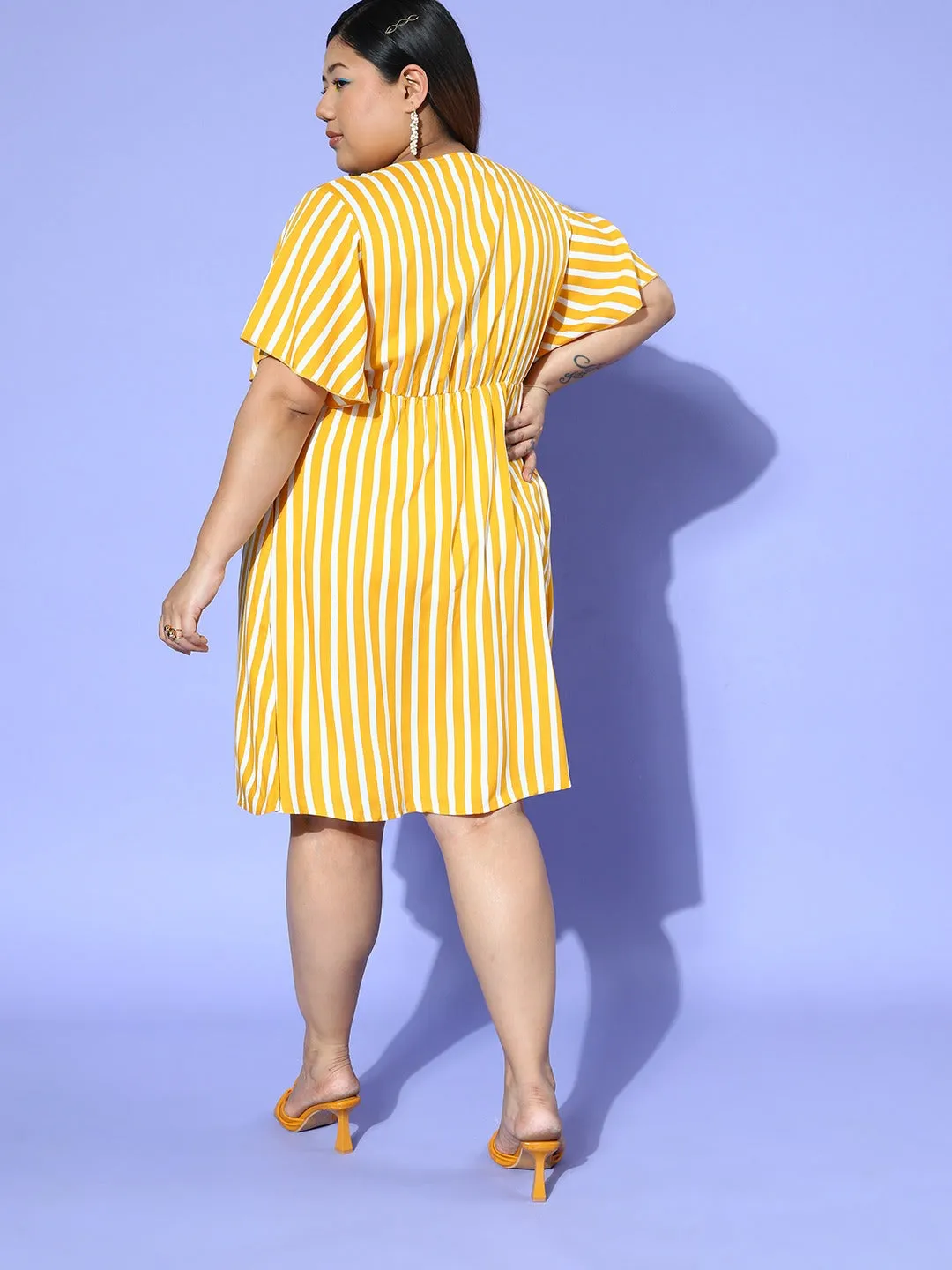 Berrylush Women Plus Size Yellow & White Striped Print V-Neck Flutter Sleeves Cotton Curved Hem Pleated A-line Mini Dress