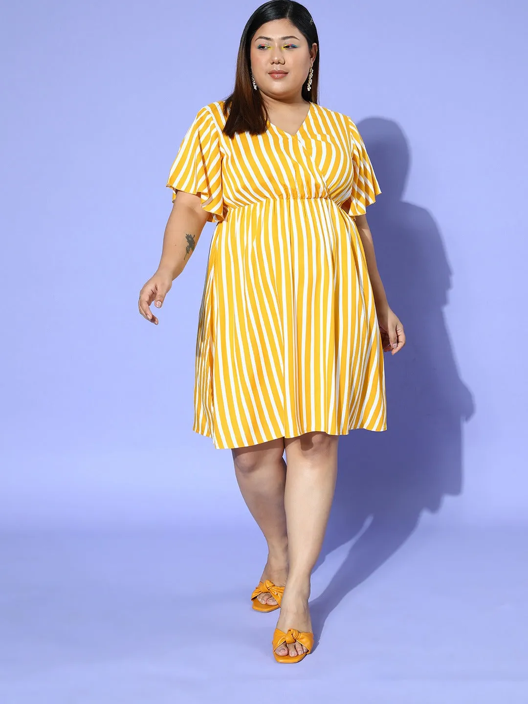 Berrylush Women Plus Size Yellow & White Striped Print V-Neck Flutter Sleeves Cotton Curved Hem Pleated A-line Mini Dress