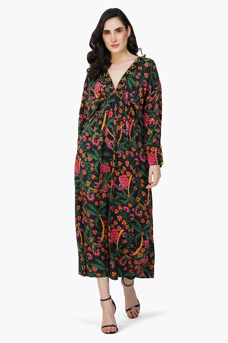 Black Autumn Flora Embellished Maxi Dress