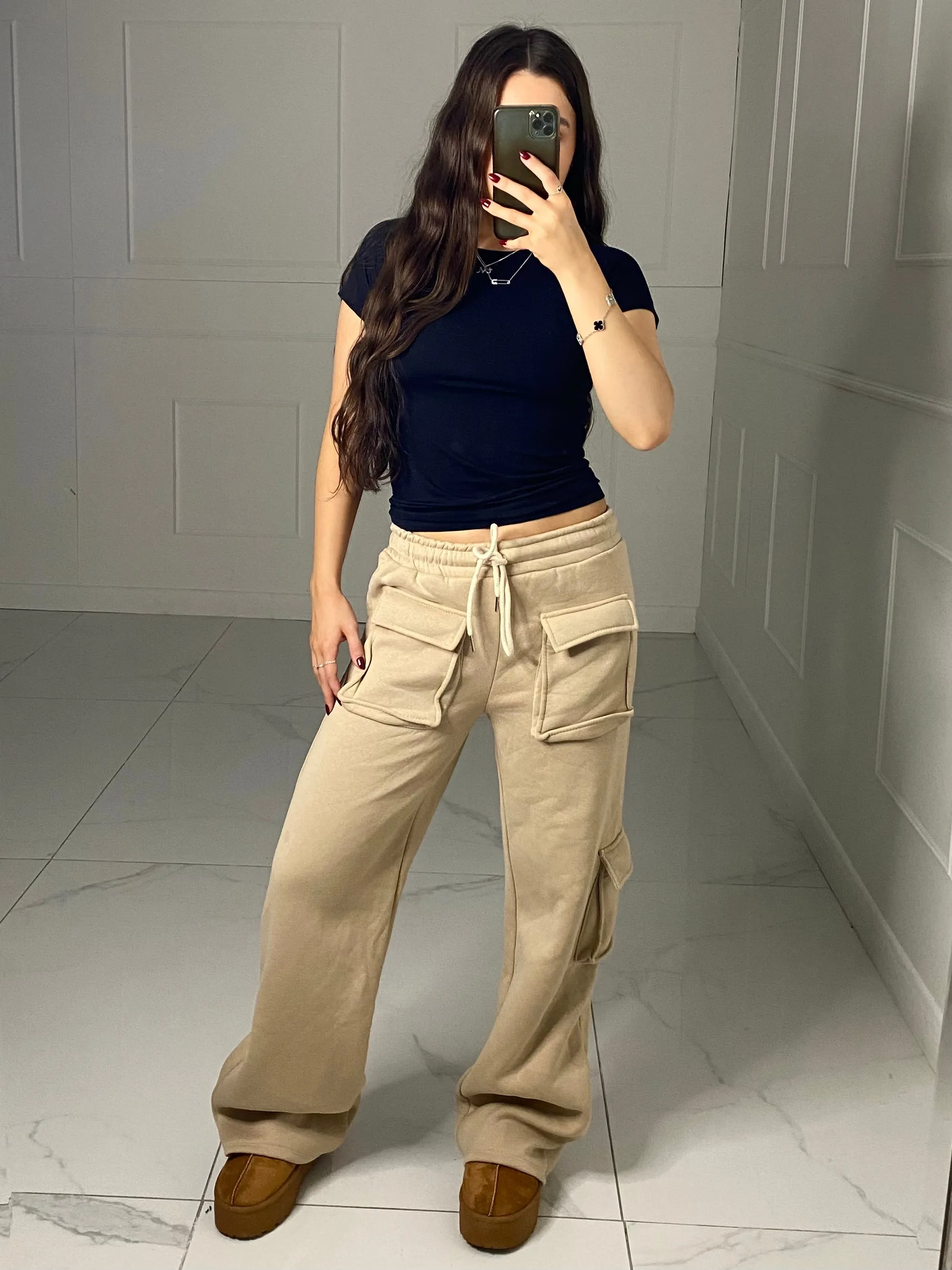 Cargo Pocket Detail Wide Leg Joggers - Stone