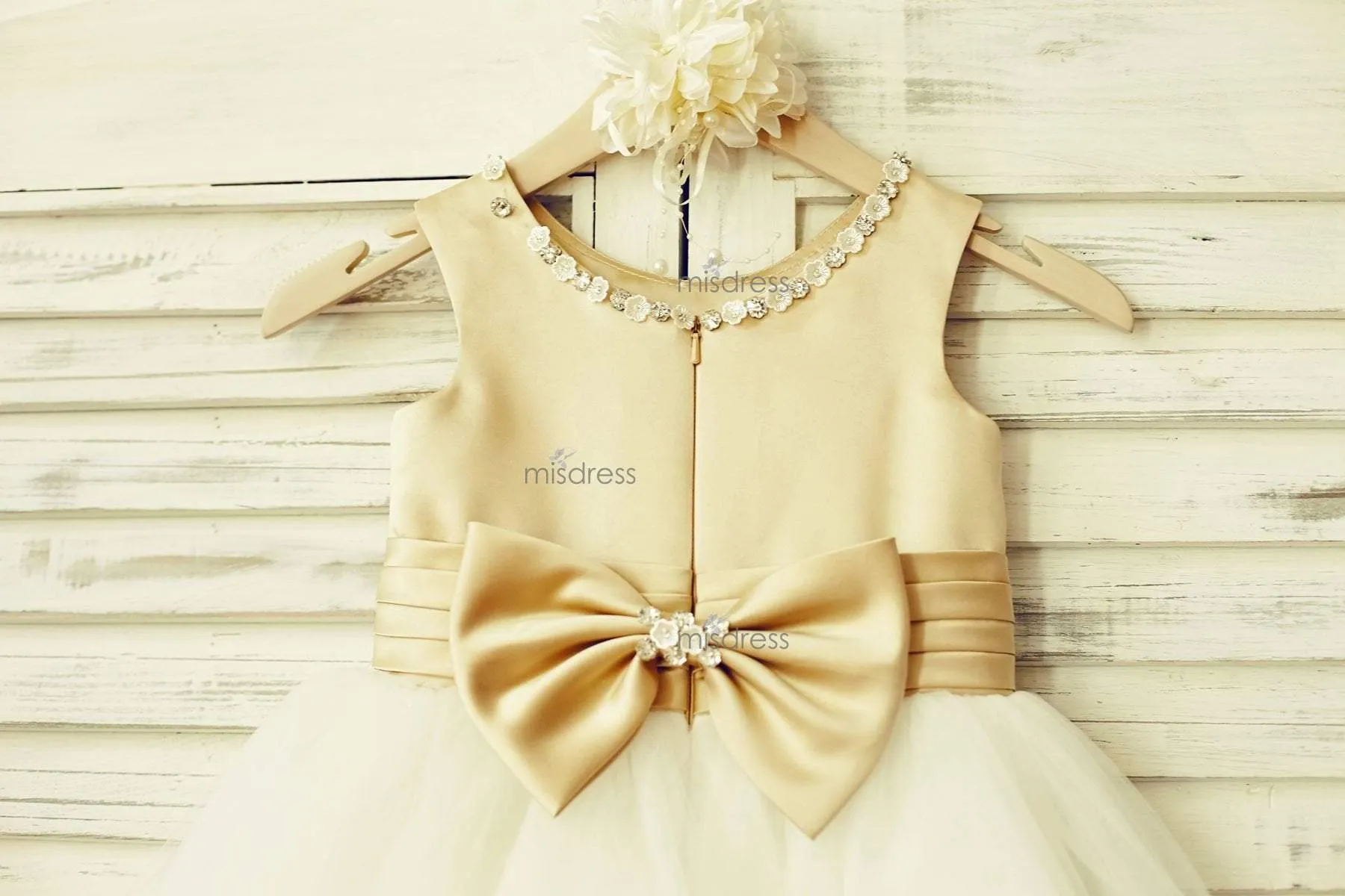 Champagne Satin Ivory Tulle Scoop Neck Flower Girl Dress, Bow