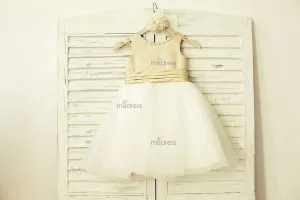 Champagne Satin Ivory Tulle Scoop Neck Flower Girl Dress, Bow