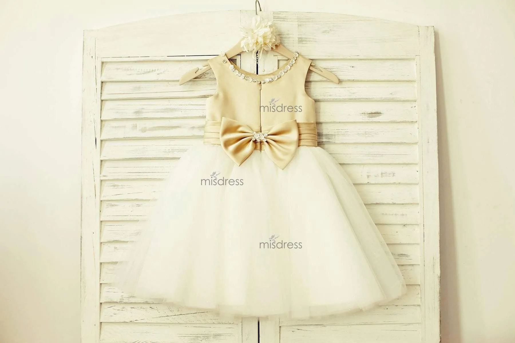 Champagne Satin Ivory Tulle Scoop Neck Flower Girl Dress, Bow