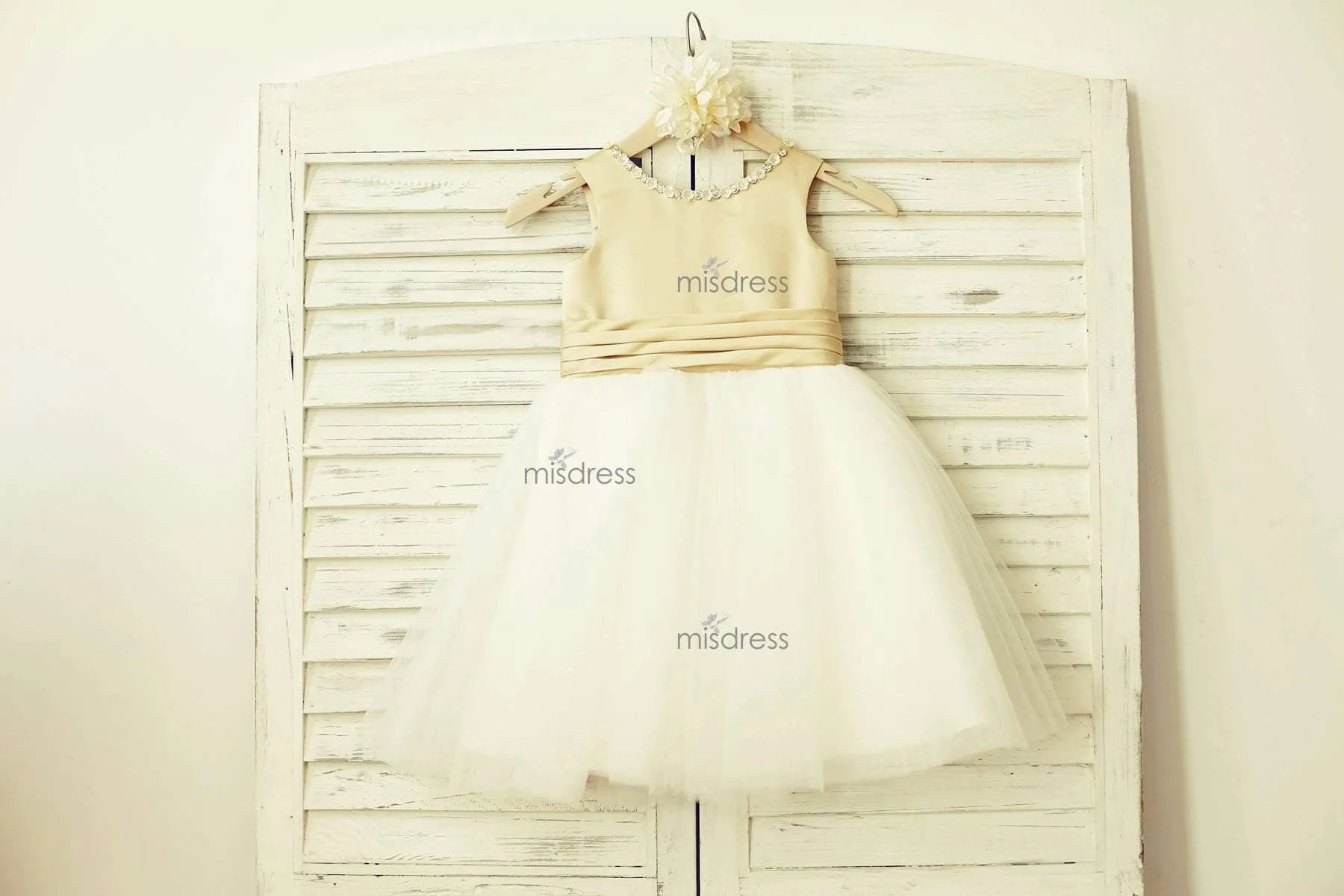 Champagne Satin Ivory Tulle Scoop Neck Flower Girl Dress, Bow