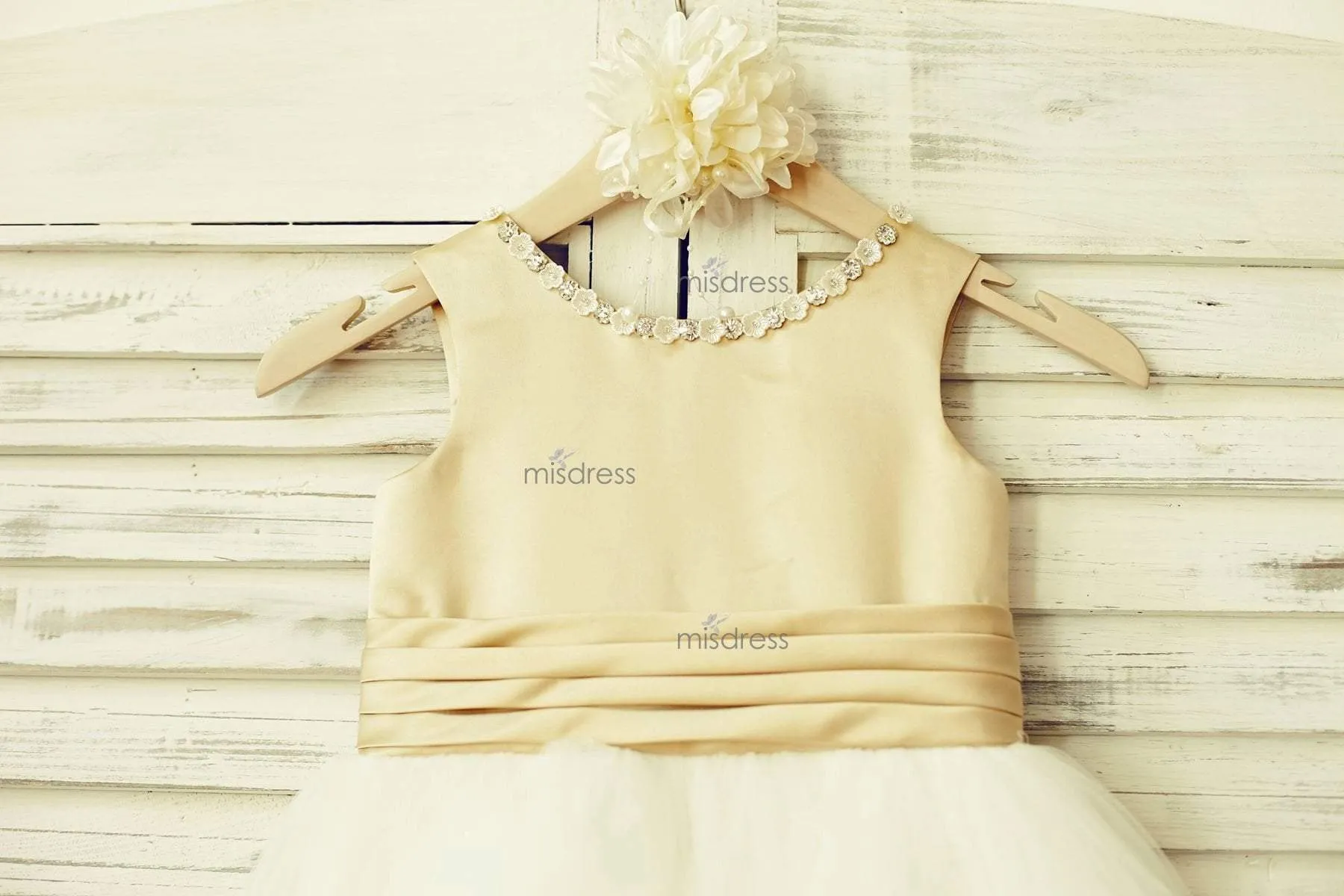 Champagne Satin Ivory Tulle Scoop Neck Flower Girl Dress, Bow