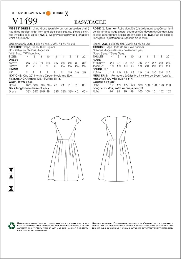 CLEARANCE • VOGUE PATTERN MISSES' CAP SLEEVE, PLEATED-SKIRT DRESS 1499