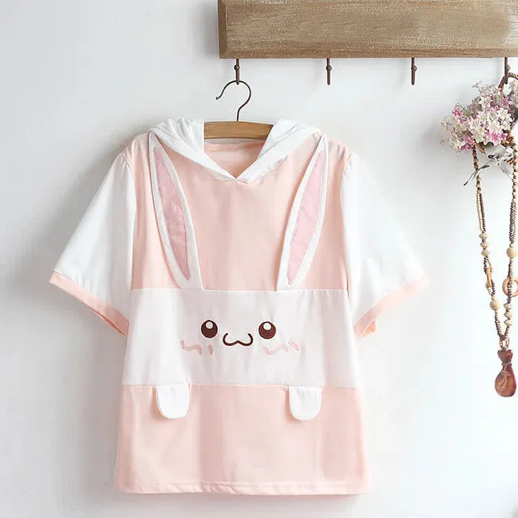 Colorblock Cute Bunny Print Hooded T-Shirt Strawberry Pleated Skirt