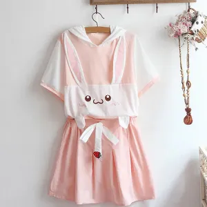 Colorblock Cute Bunny Print Hooded T-Shirt Strawberry Pleated Skirt