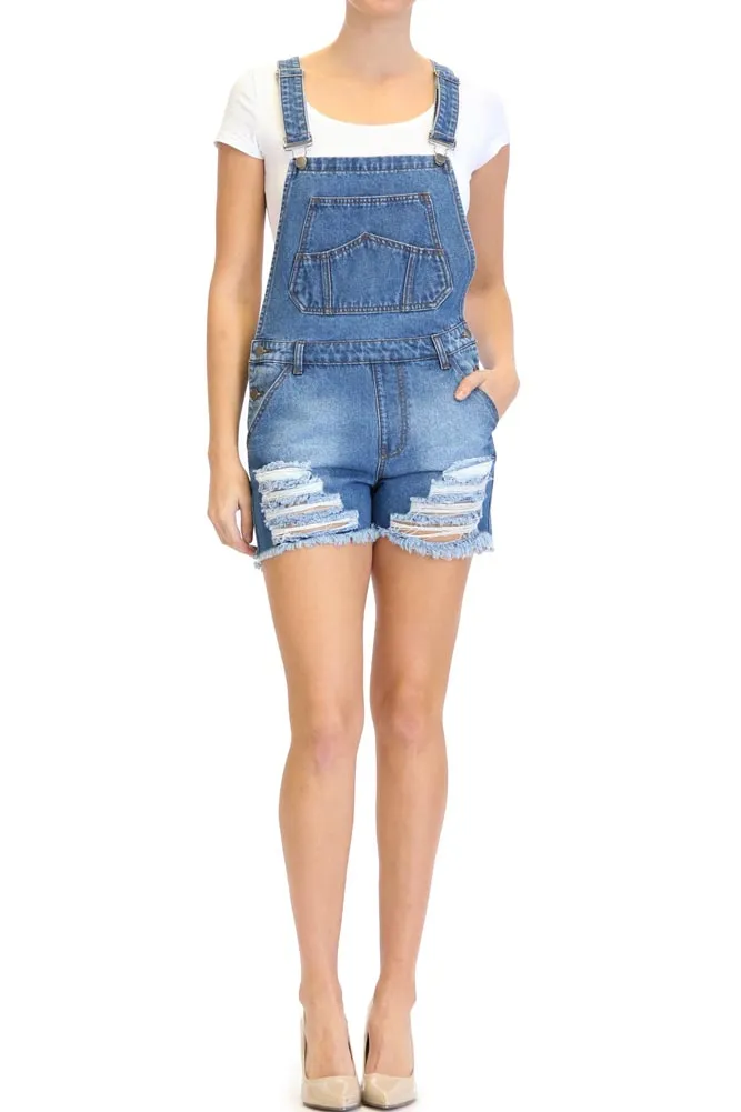 Destroyed Denim Overall Shorts