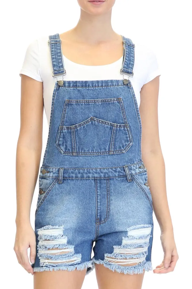 Destroyed Denim Overall Shorts