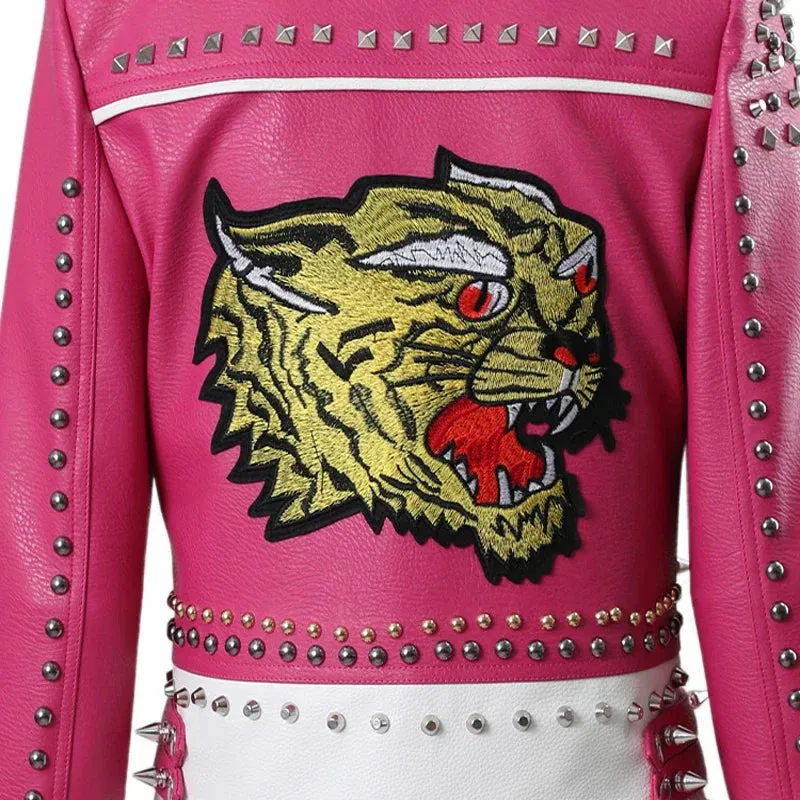 Elegant Leather Pink Studded Tiger Biker Jacket