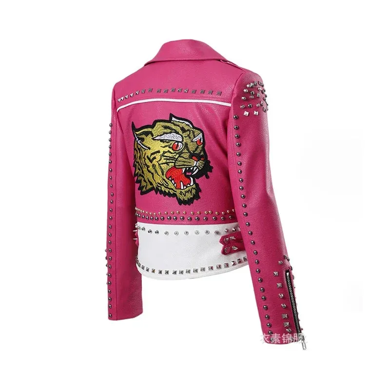 Elegant Leather Pink Studded Tiger Biker Jacket