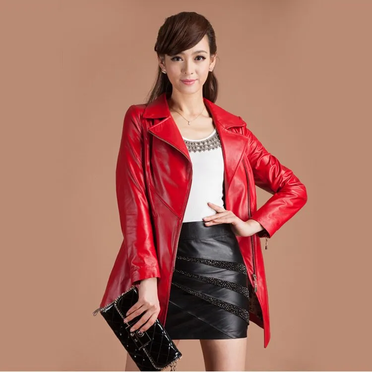 Genuine Sheep Leather Jacket Windbreak Long Lamb Leather Outer Coat