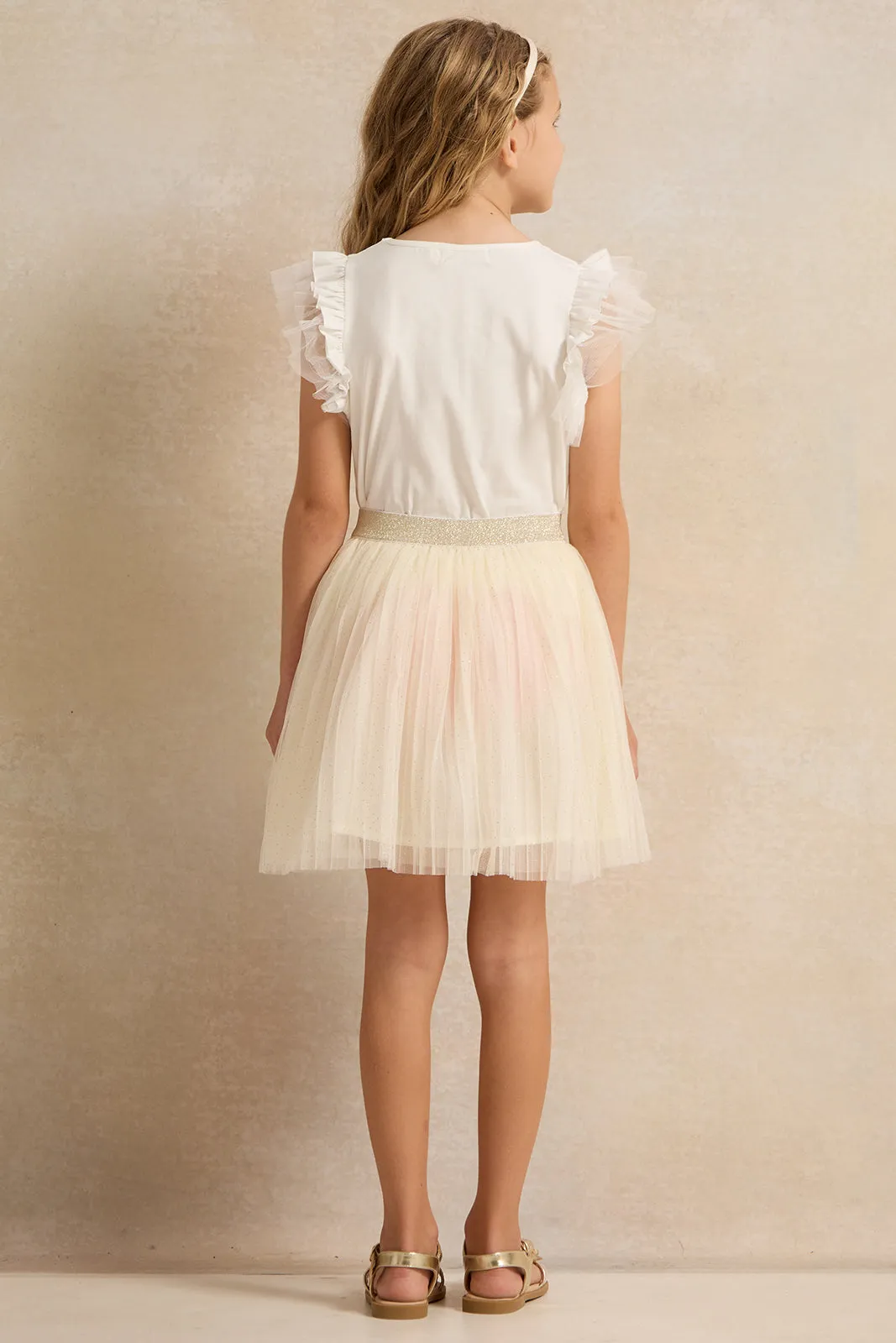 Girls White And Gold Tee With Lace Skirt (2 Piece)