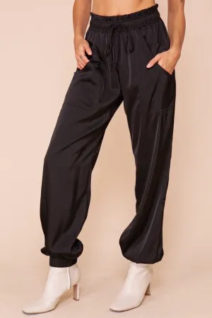 Harlow Satin High Waisted Jogger- Black