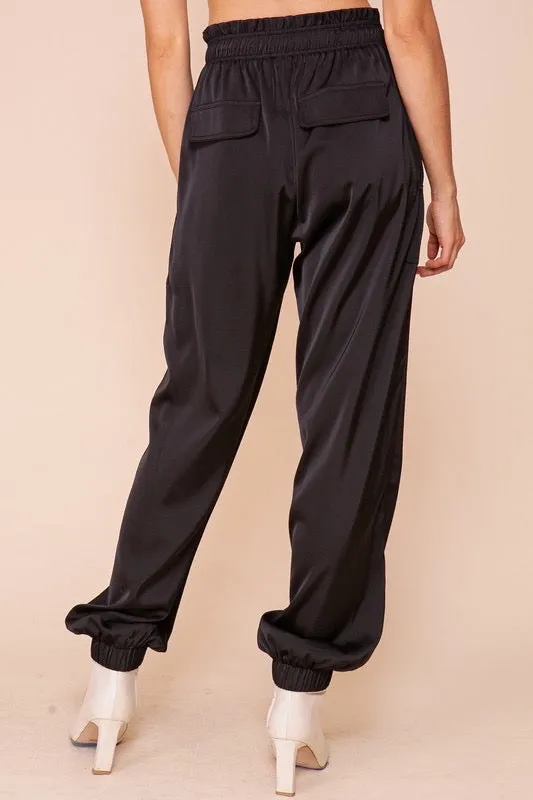 Harlow Satin High Waisted Jogger- Black