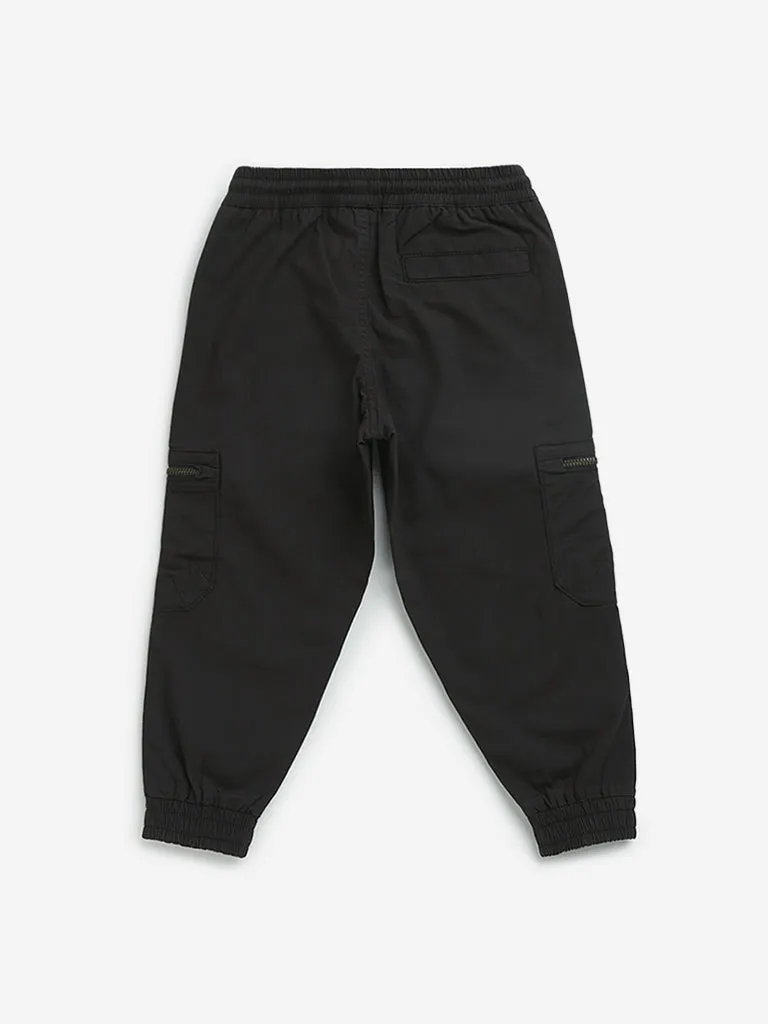 HOP Kids Black Mid-Rise Cotton Blend Cargo Joggers