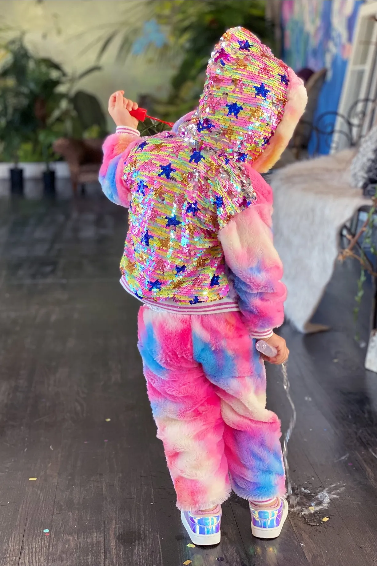 Infant Girl’s Faux Fur Rainbow Sequin Ombre Patch Joggers