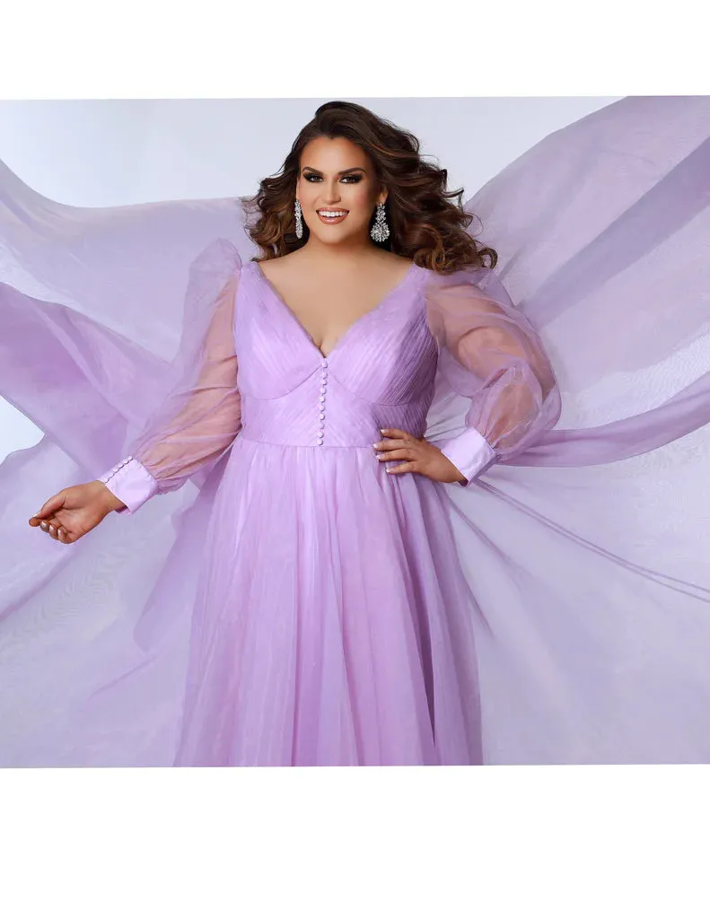 Johnathan Kane For Sydney's Closet JK2317 V-Neck Pleated Bodice Long Sheer Pouf Sleeve With Cuff Train Plus Size Formal Dress