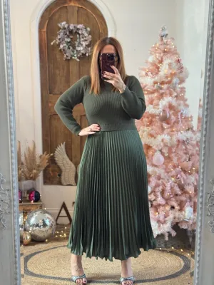 Khaki Sylvie Pleated Jumper Style Maxi Dress