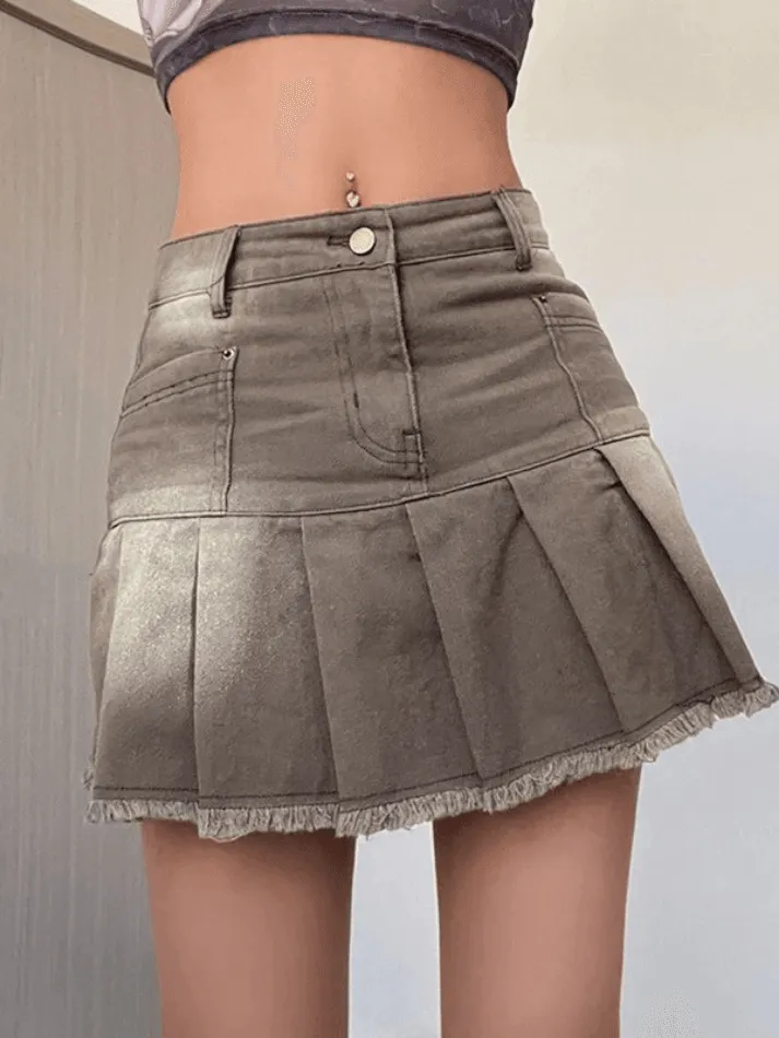 LANFUBEISI - Distressed Pleated Denim Mini Skirt