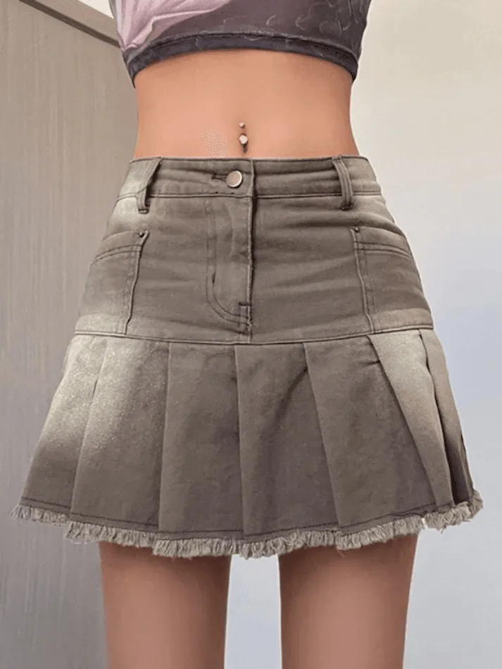 LANFUBEISI - Distressed Pleated Denim Mini Skirt