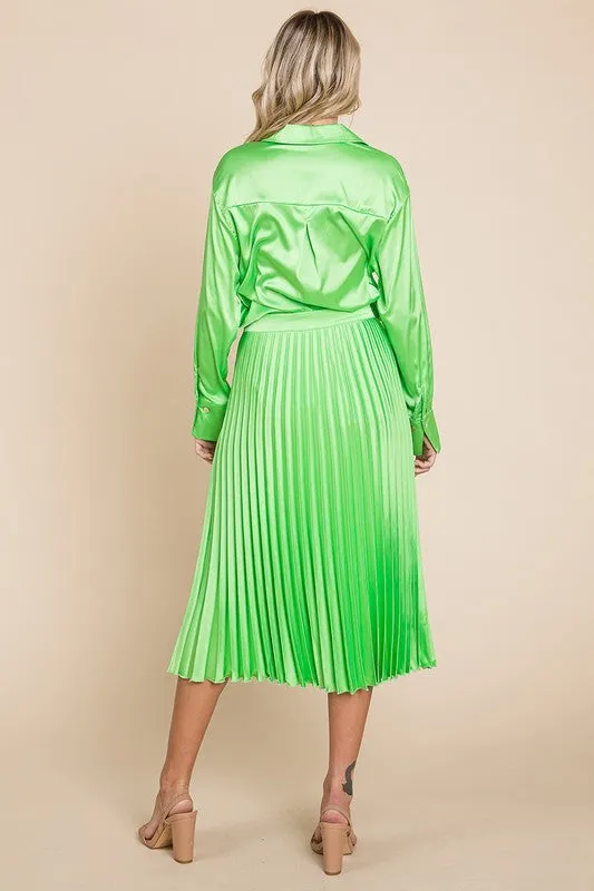 Lime Green High Waisted Pleated Midi Skirt