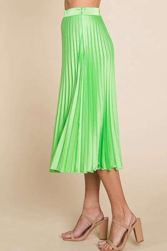 Lime Green High Waisted Pleated Midi Skirt