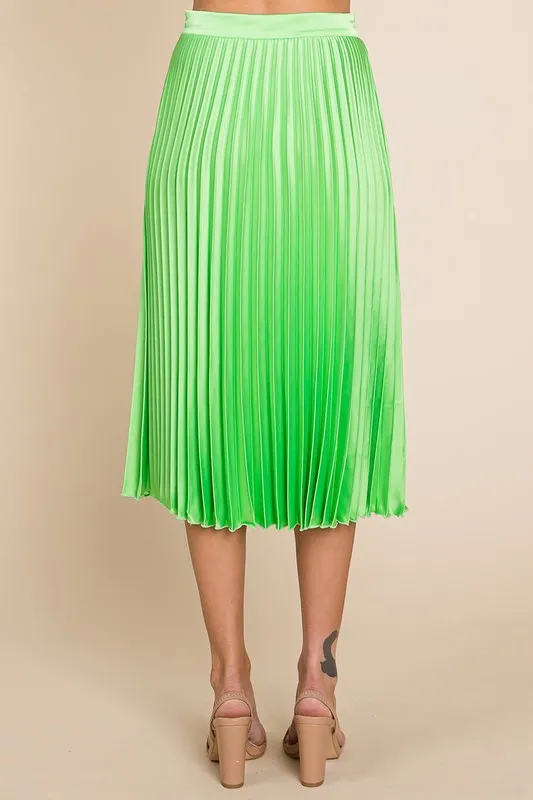 Lime Green High Waisted Pleated Midi Skirt