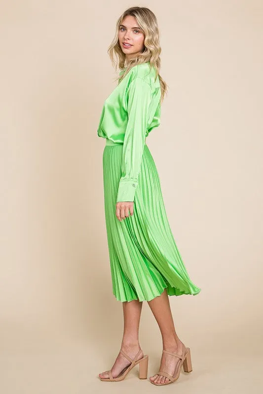 Lime Green High Waisted Pleated Midi Skirt