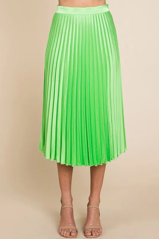 Lime Green High Waisted Pleated Midi Skirt