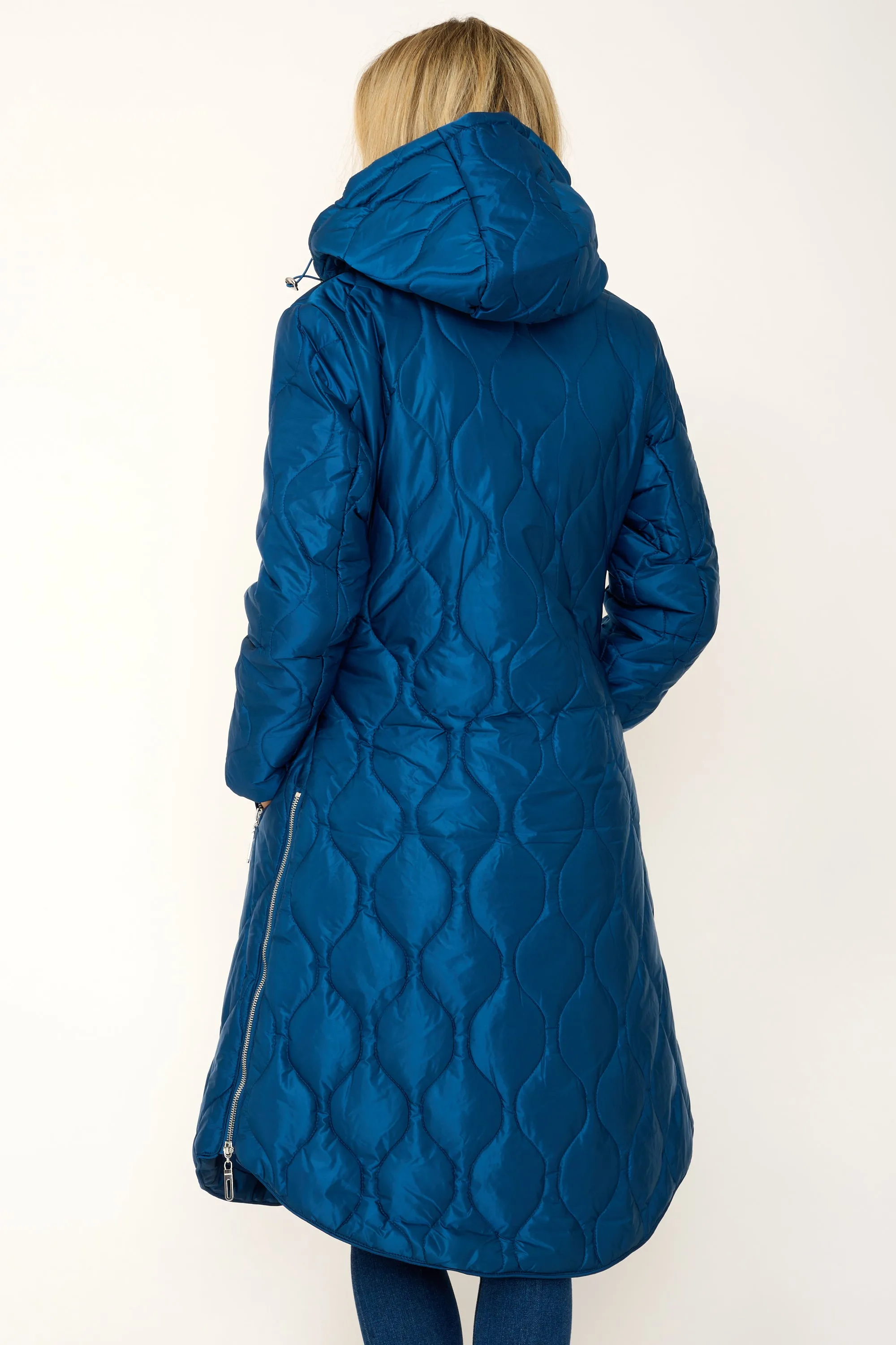 'Marble' Quilted Coat in Metallic Blue