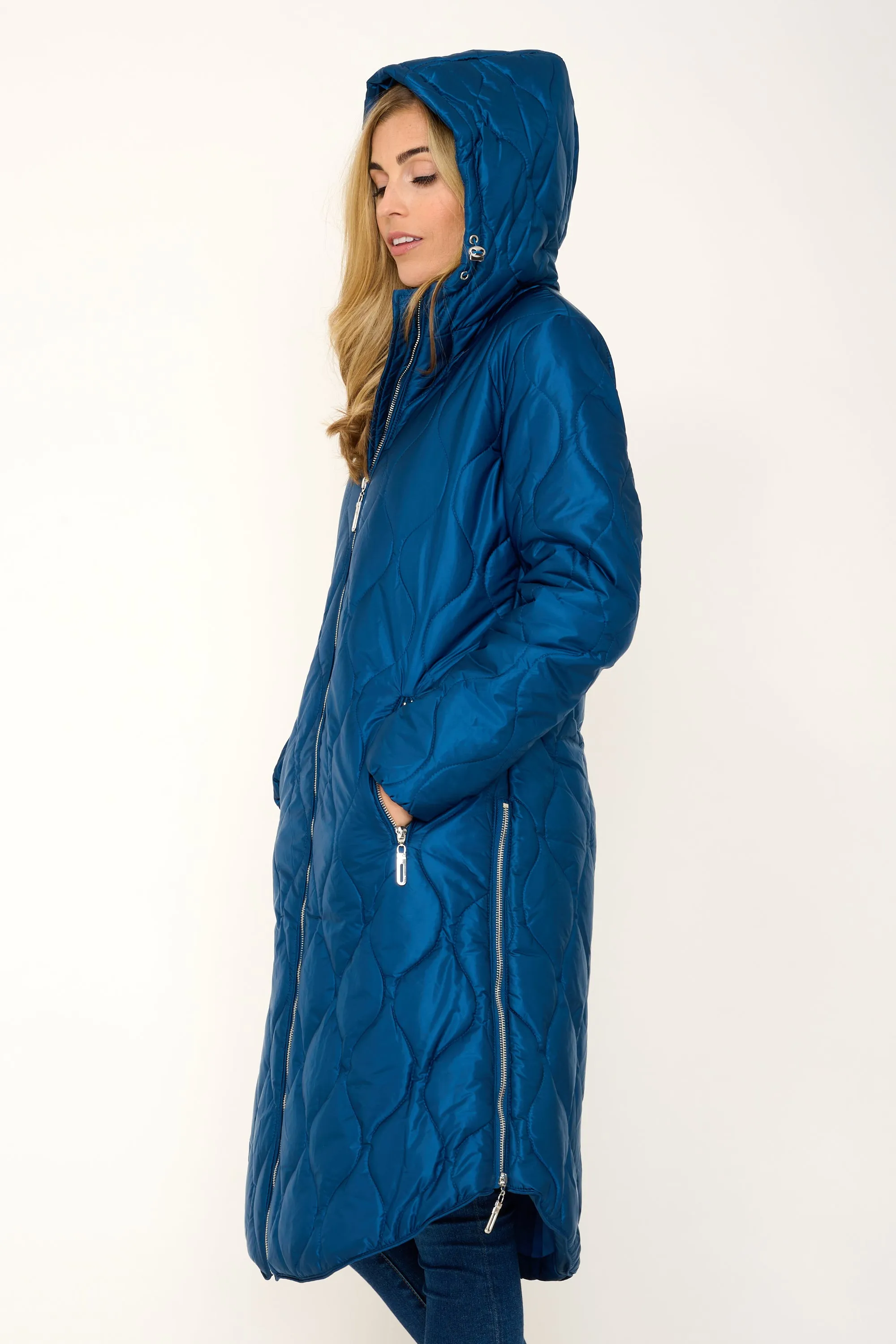 'Marble' Quilted Coat in Metallic Blue