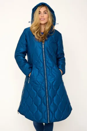 'Marble' Quilted Coat in Metallic Blue