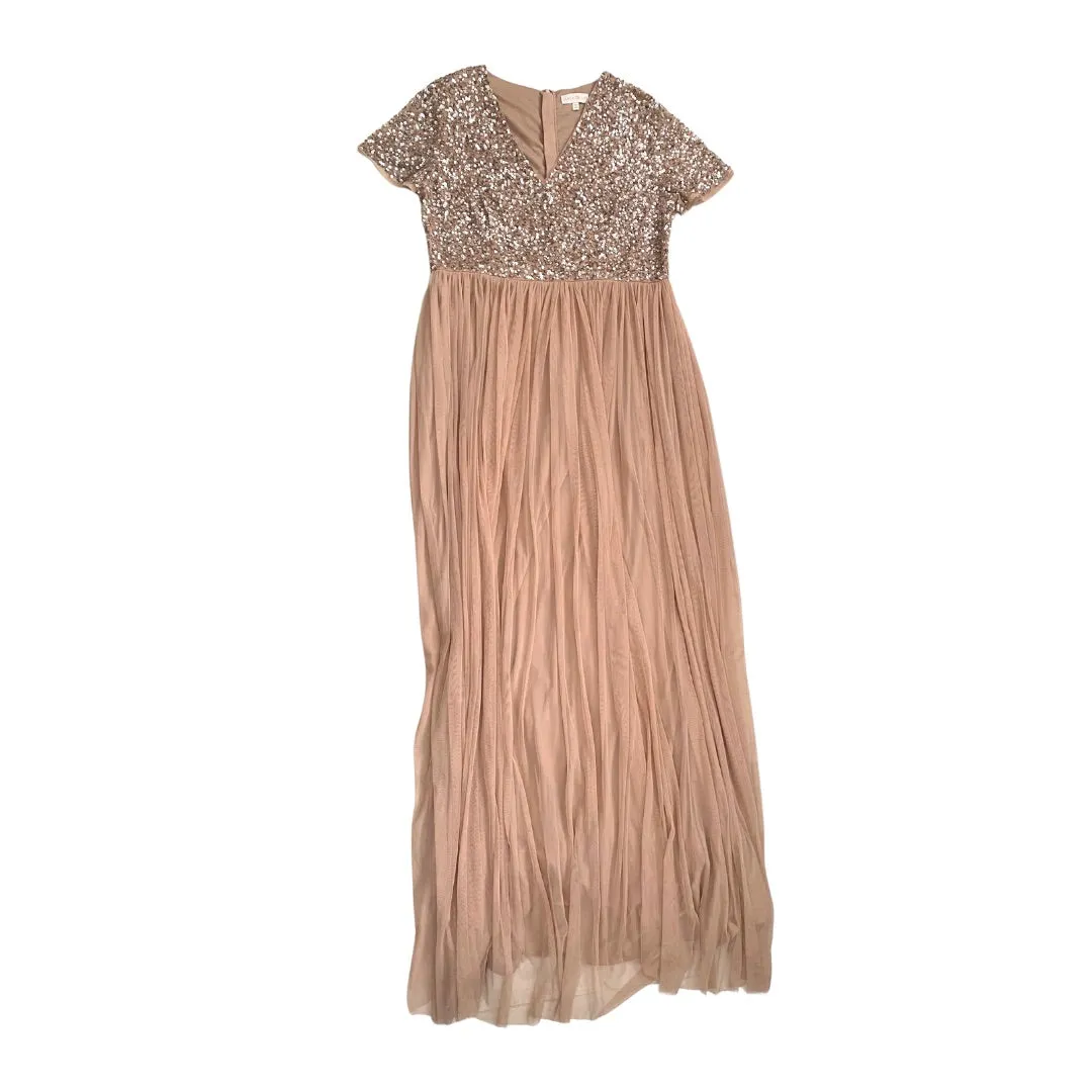 MAYA Tall Sequins Tulle Maxi Dress Taupe SIZE 16