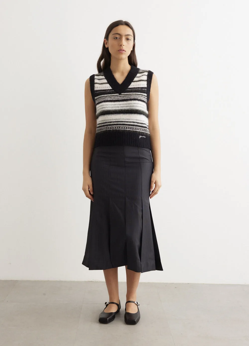 Melange Stripe Suiting Midi Skirt