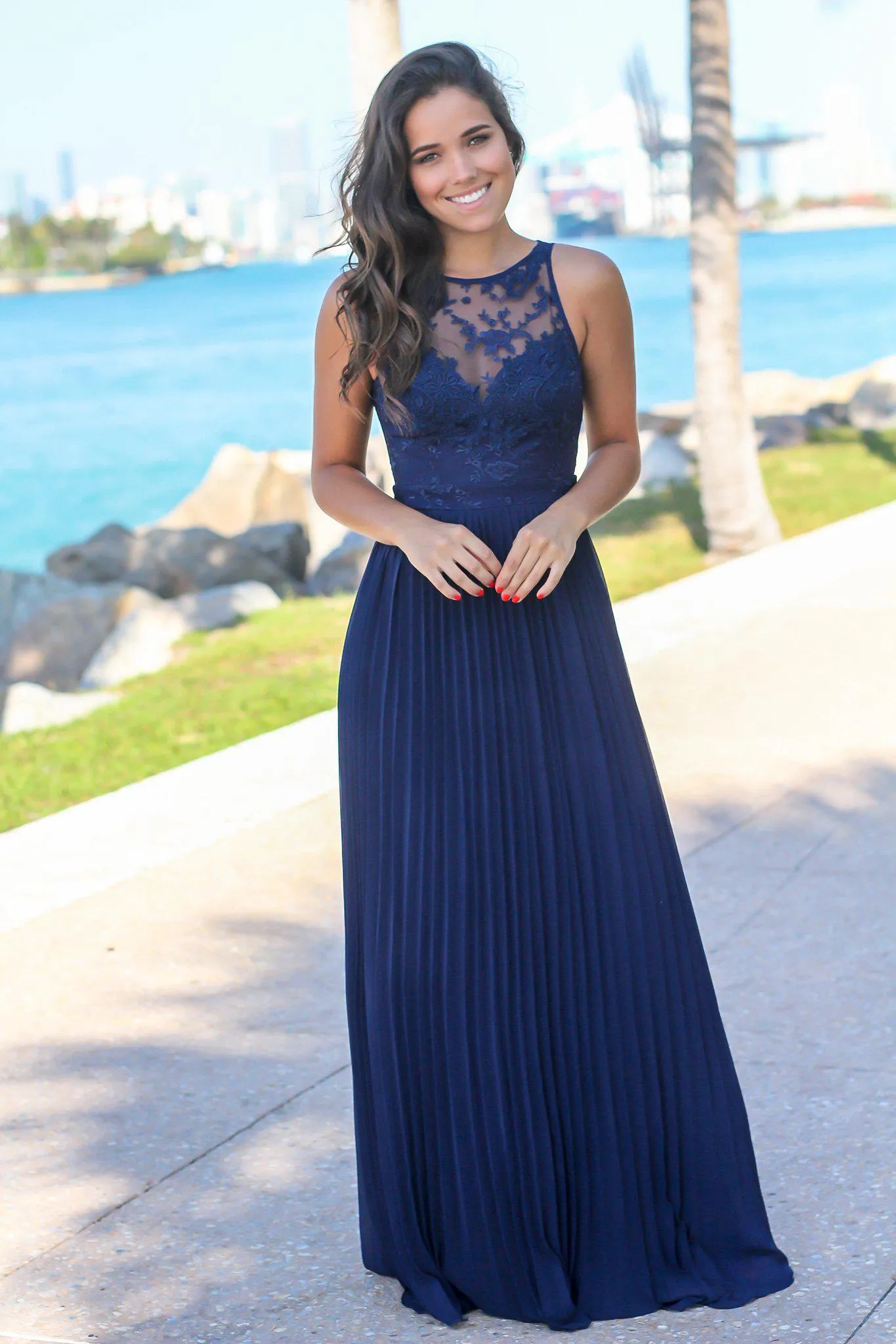 Navy Pleated Maxi Dress with Embroidered Top