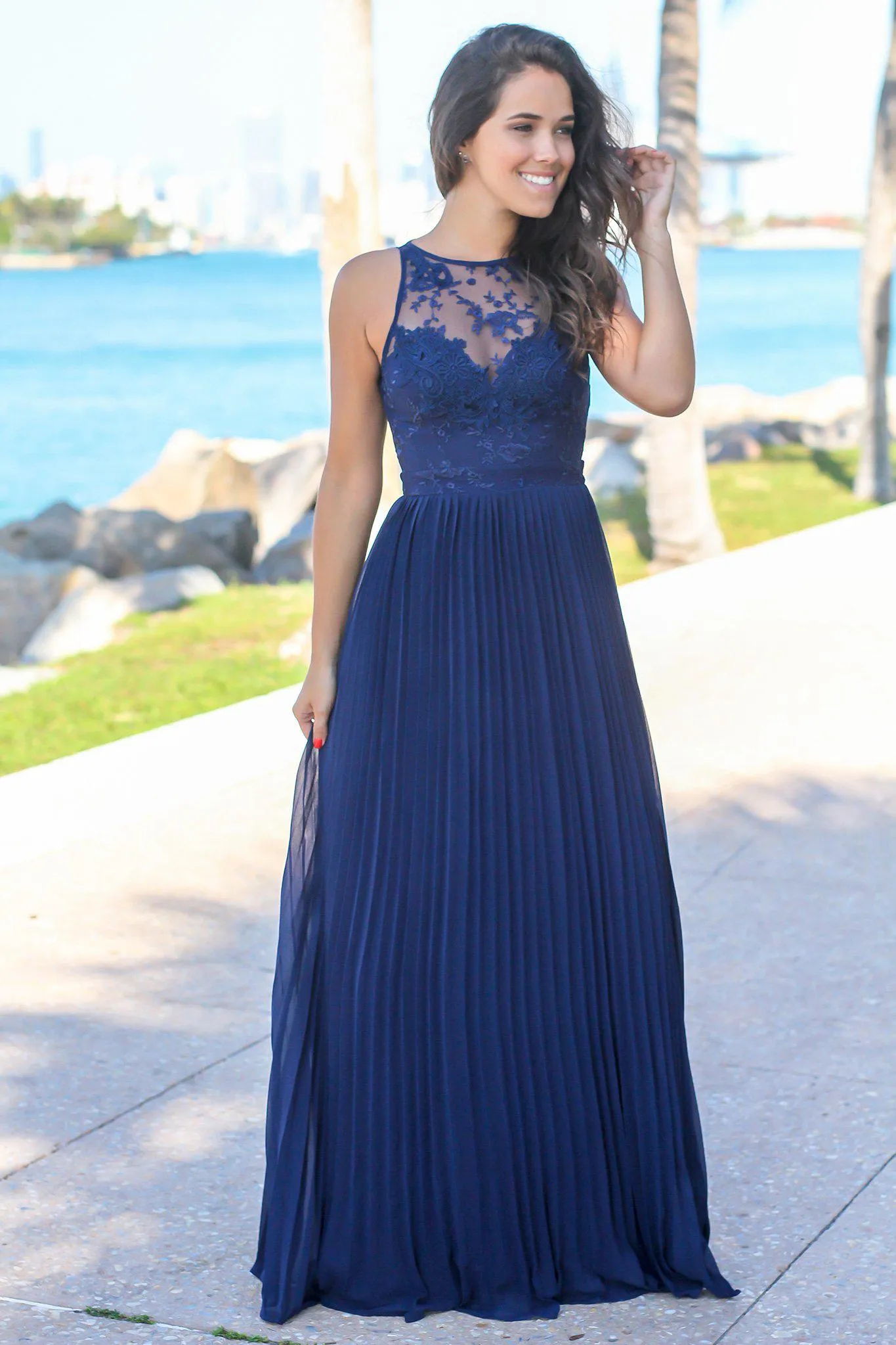 Navy Pleated Maxi Dress with Embroidered Top