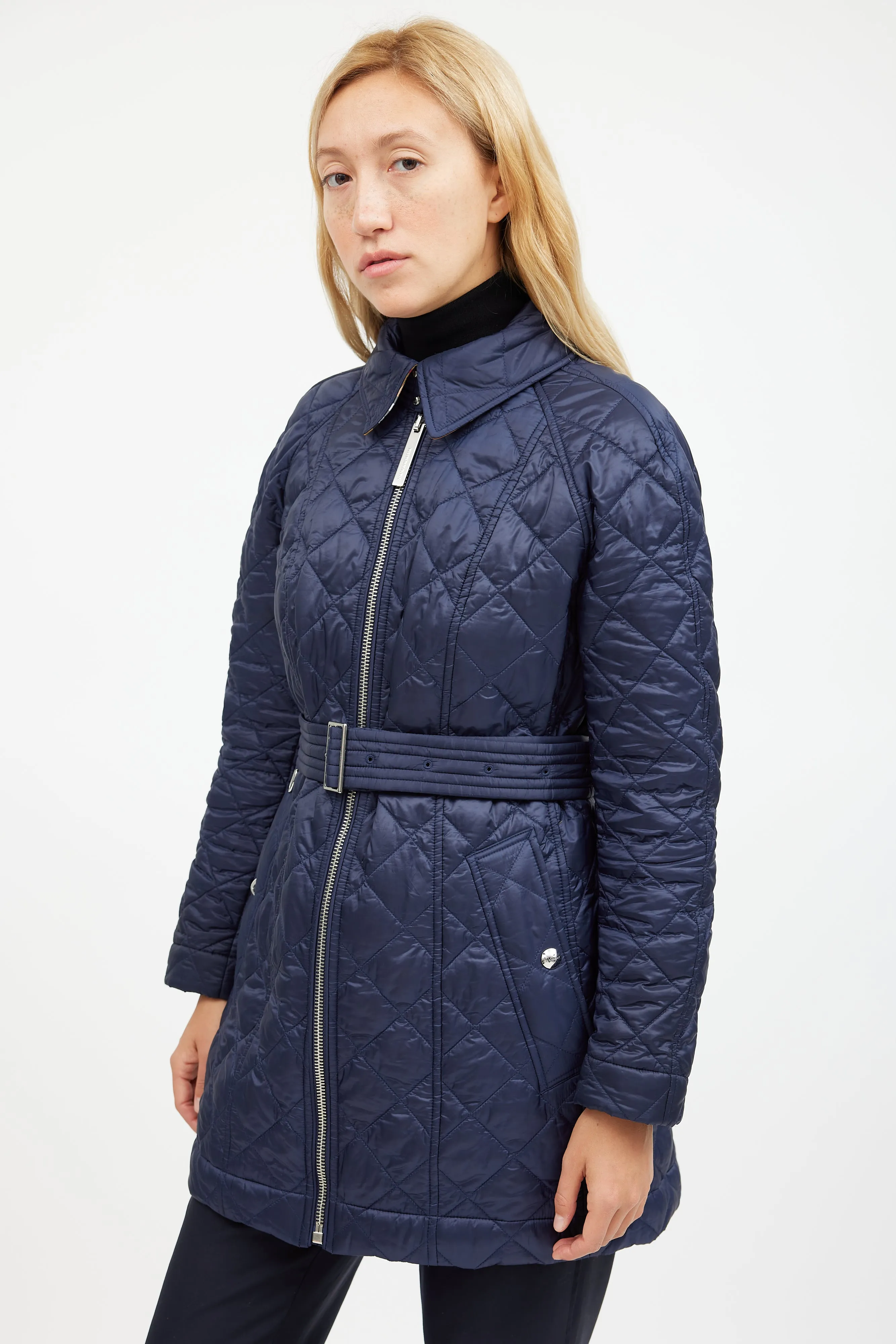 Navy Quilted Belted Coat