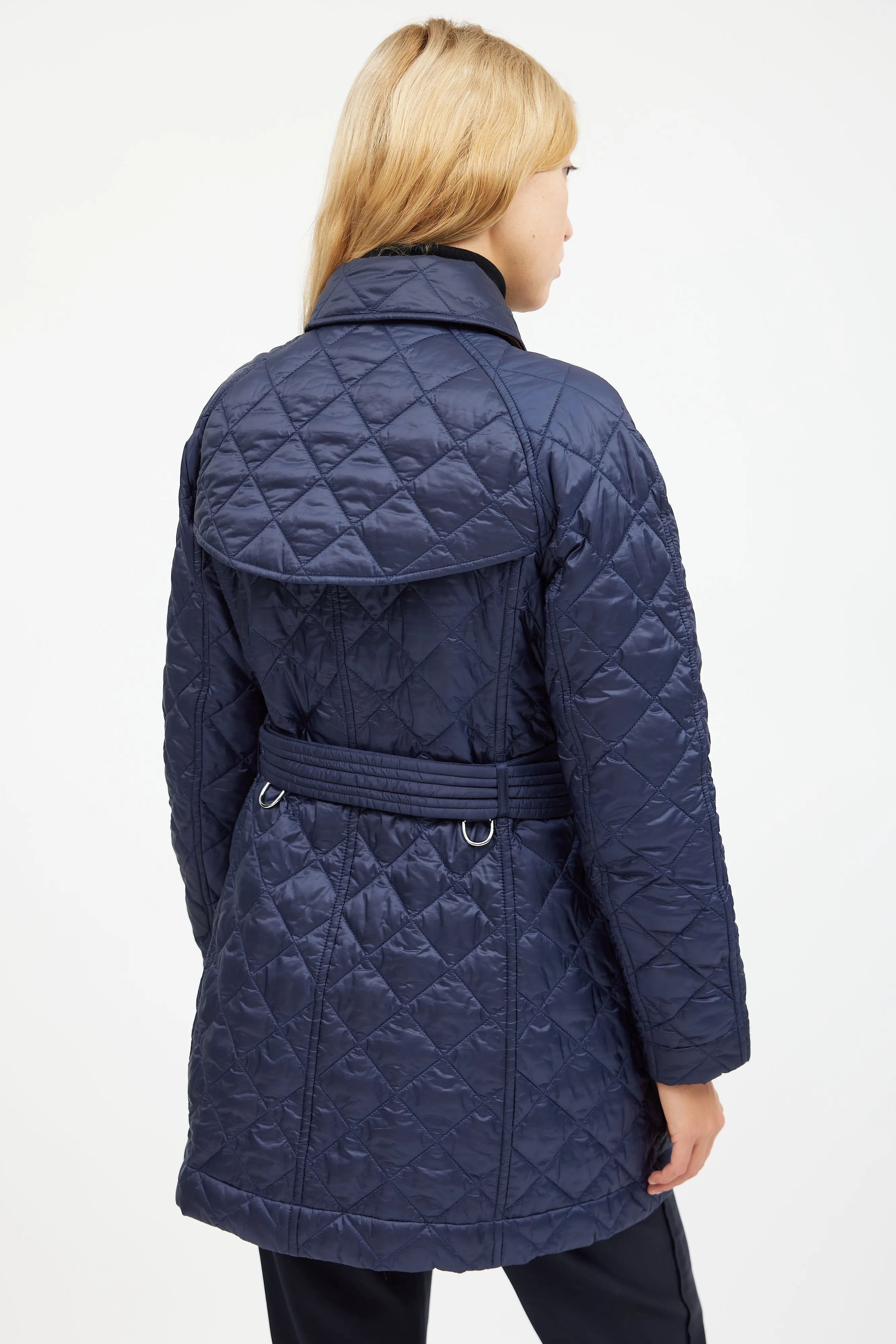 Navy Quilted Belted Coat