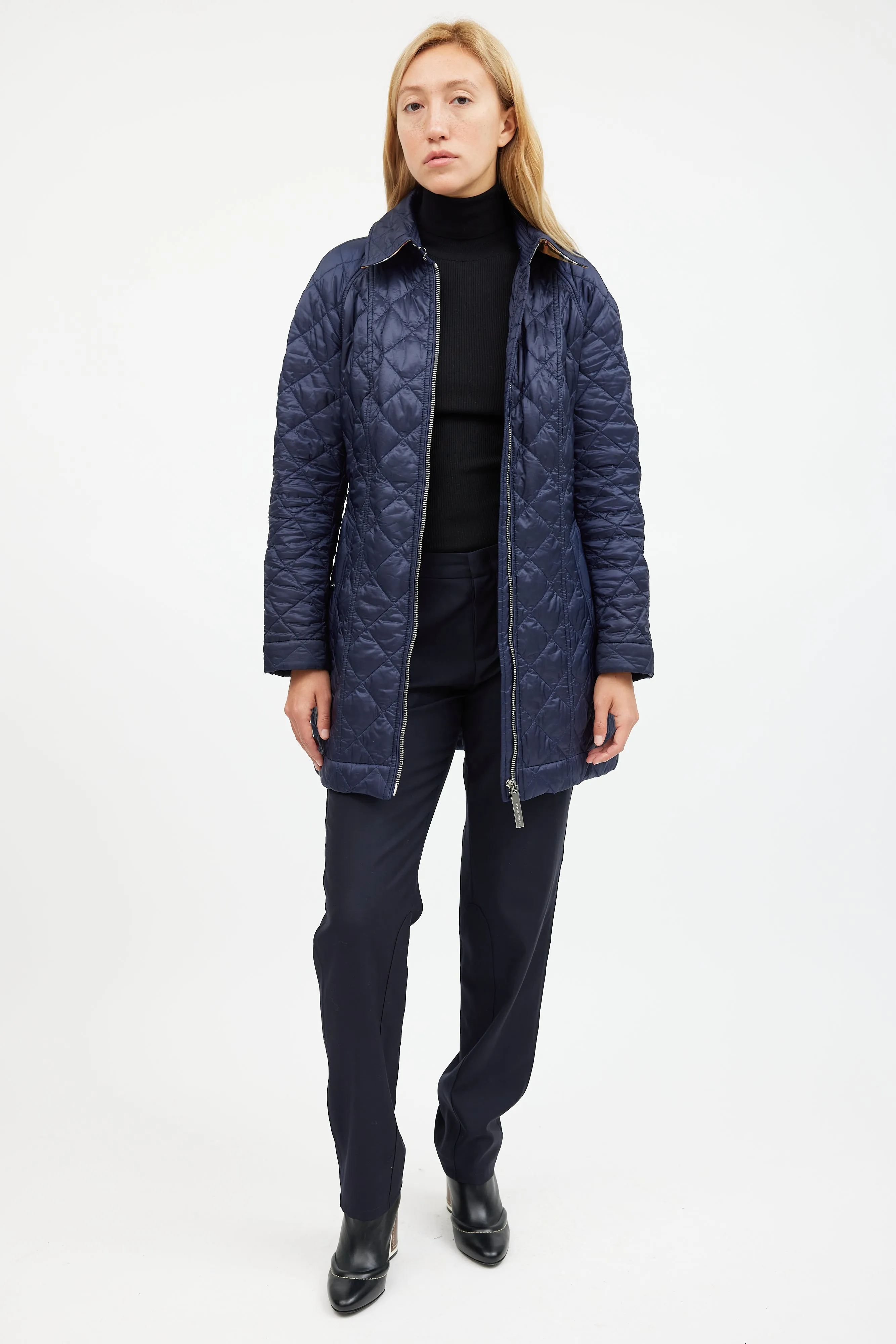 Navy Quilted Belted Coat