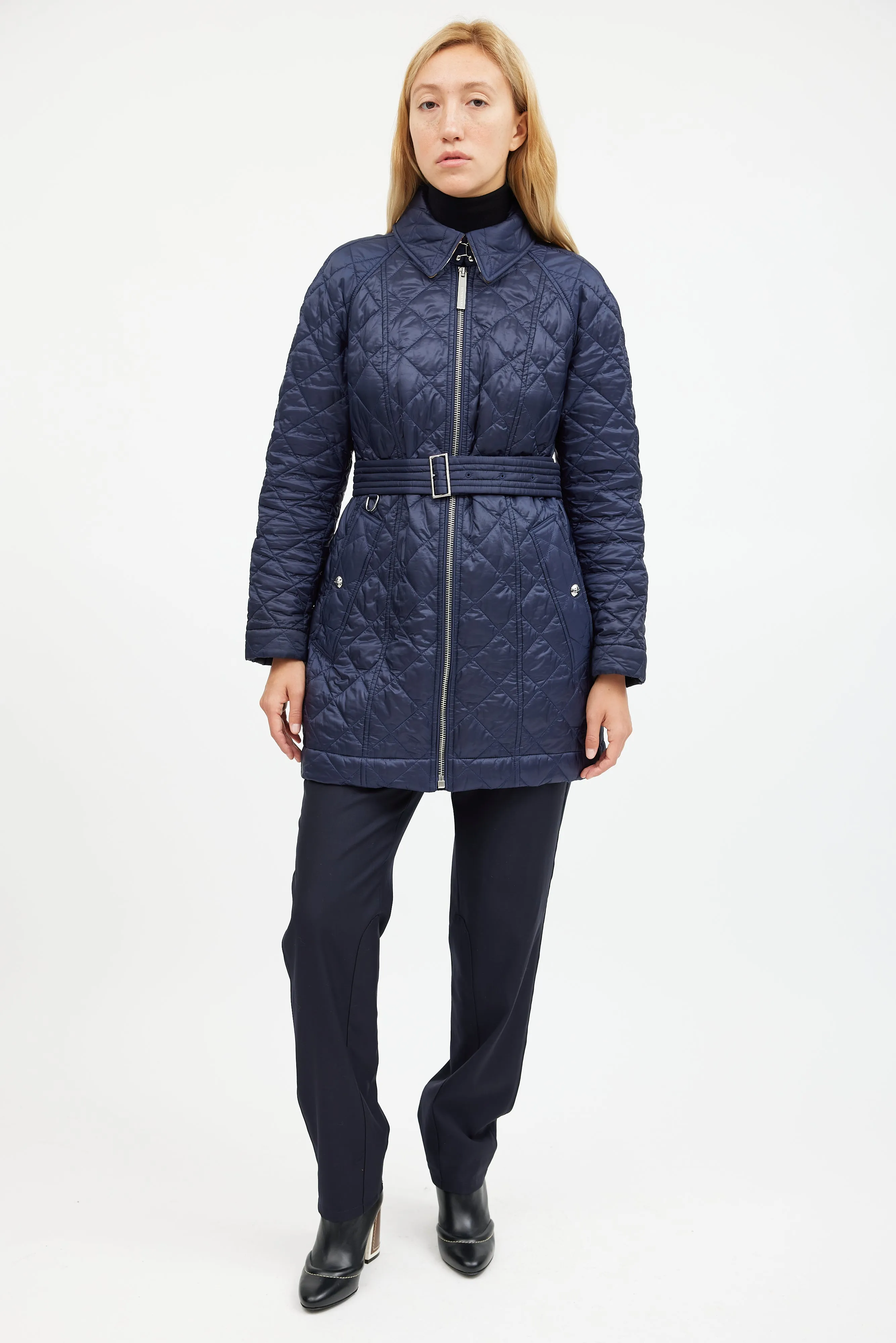 Navy Quilted Belted Coat