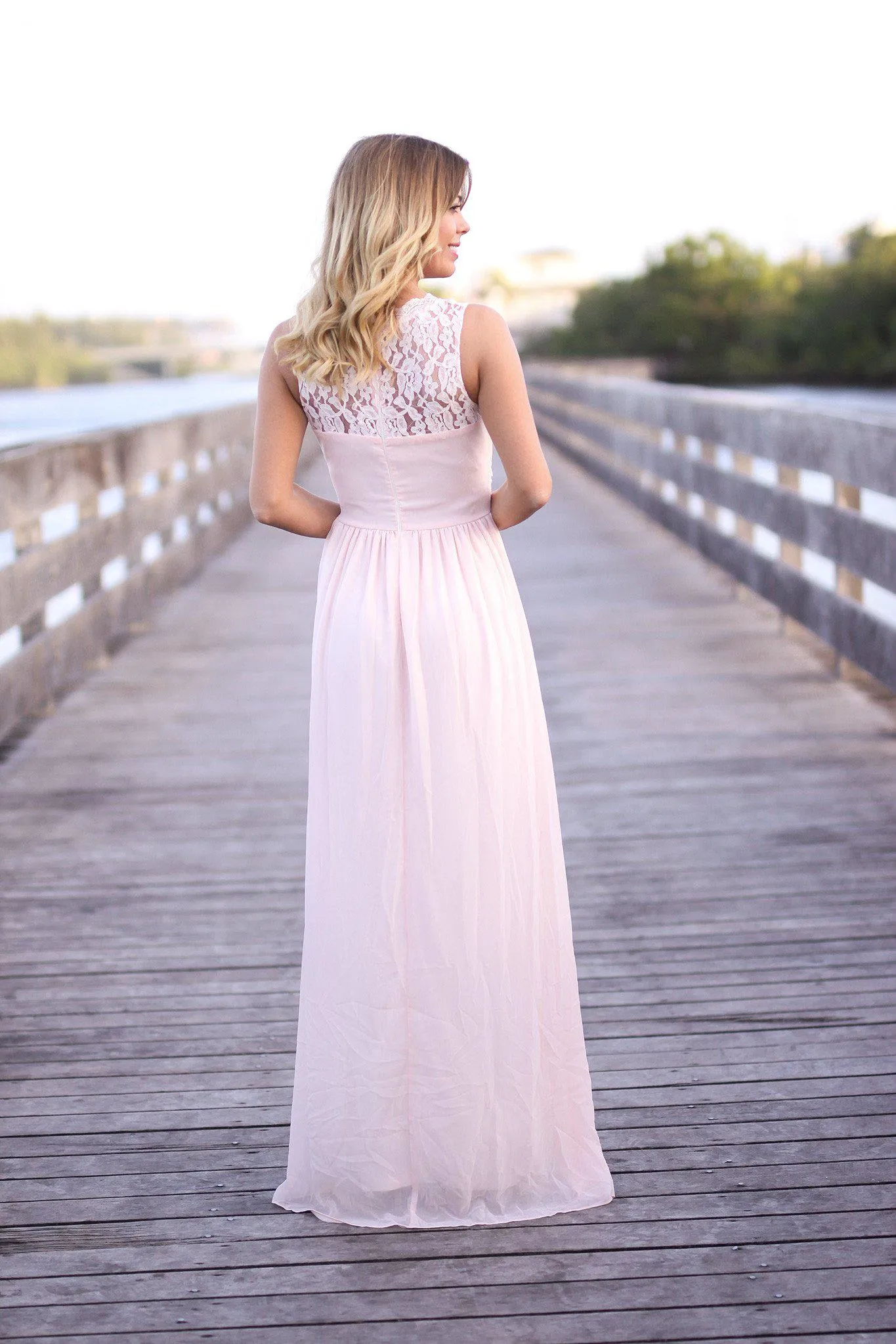 Pink Maxi Dress with Pleated Lace Top