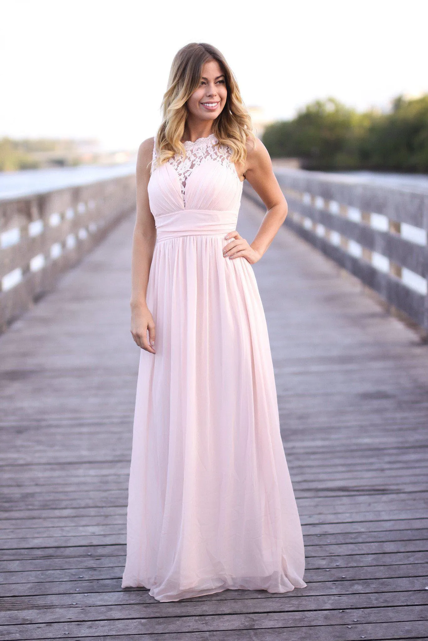 Pink Maxi Dress with Pleated Lace Top