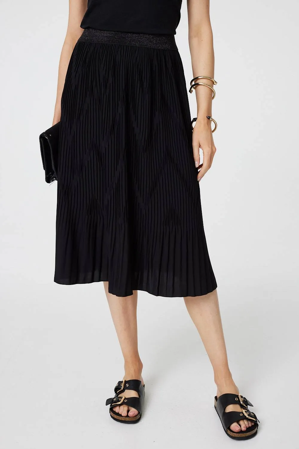 Pleated High Waist A-Line Midi Skirt