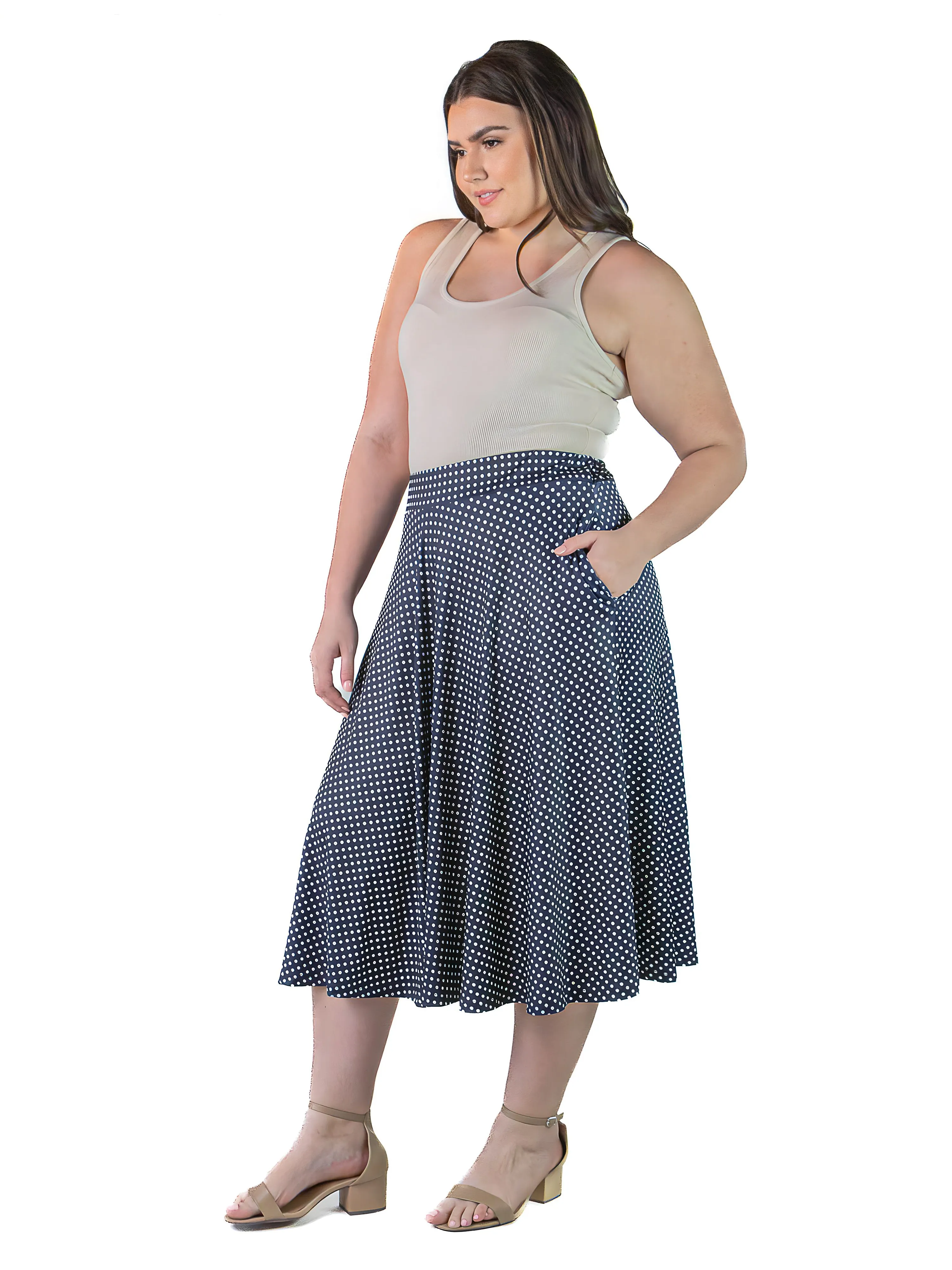 Plus Size Womens Navy Polka Dot Pleated Pocket Midi Skirt