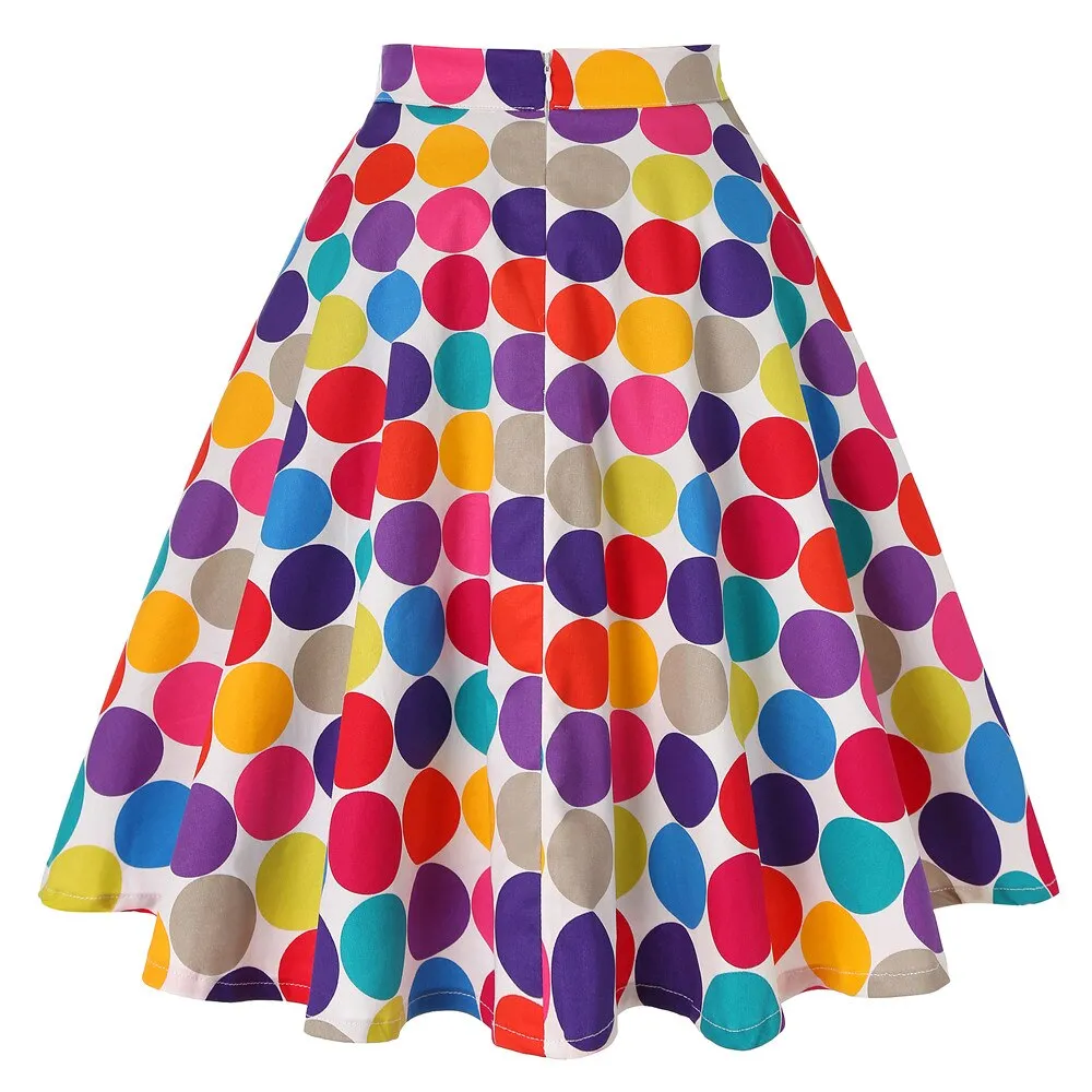 Polka Dot Printed Summer Women Skirt Colorful High Waist Pinup Big Swing Short Cotton Casual Clothing 40s 50s Retro Skater