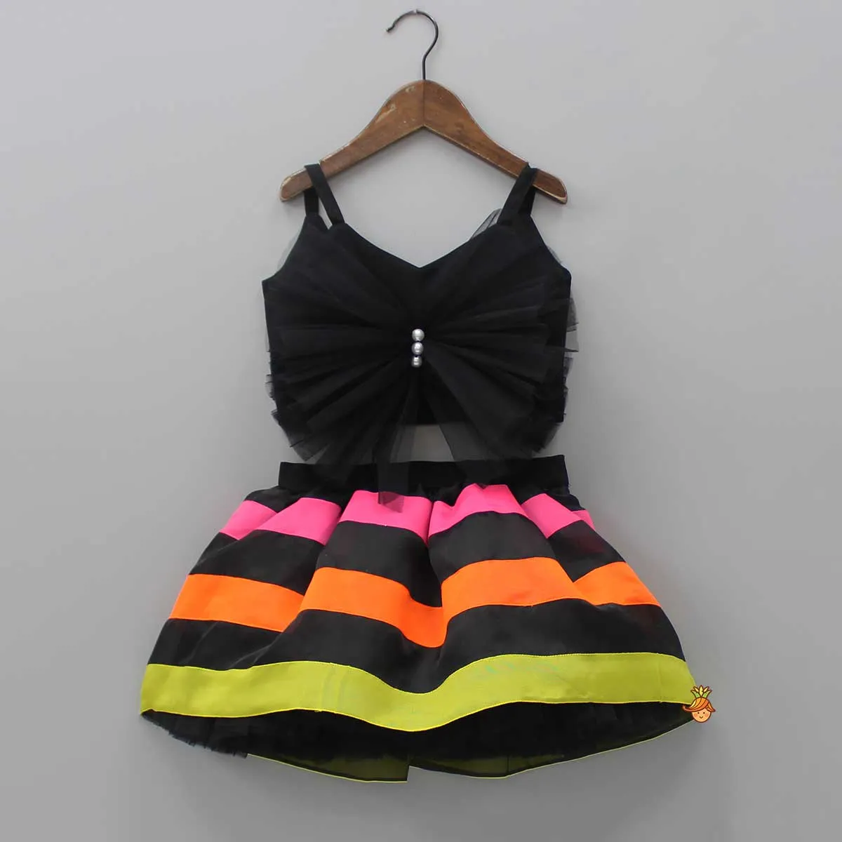 Pre Order: Black Frilly Bow Top And Multi Colour Lace Applique Skirt With Matching Pearl Work Hair Band