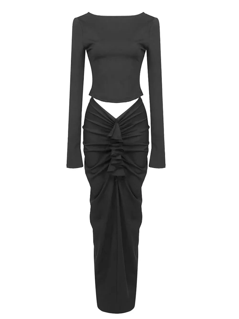 Pre Order:  Black Long Sleeved Backless Top   Pleated Elastic Slim Fit Skirt